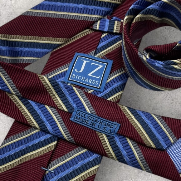 J Z RICHARDS XL Burgundy/Blue Striped Silk LUXURY Tie USA - Picture 3 of 5